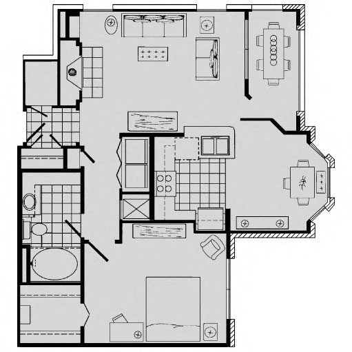 Floor plan for 1 bed, 1 bath, 823 sqft