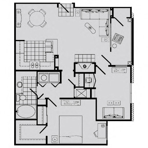 Floor plan for 1 bed, 1 bath, 921 sqft