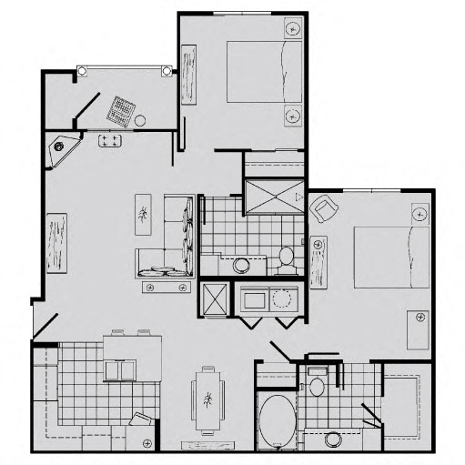 Floor plan for 2 beds, 2 baths, 1042 sqft