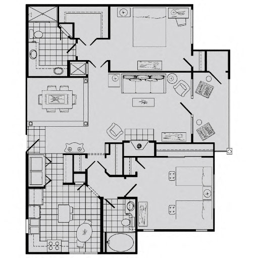 Floor plan for 2 beds, 2 baths, 1385 sqft