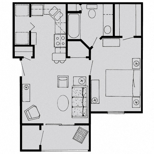 Floor plan for 1 bed, 1 bath, 538 sqft