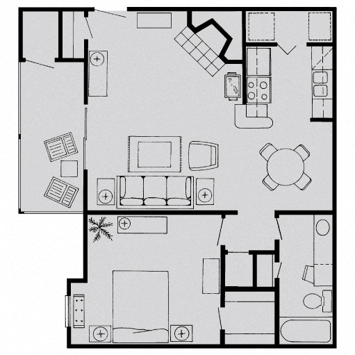 Floor plan for 1 bed, 1 bath, 738 sqft