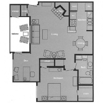 Floor plan for 1 bed, 1 bath, 802 sqft