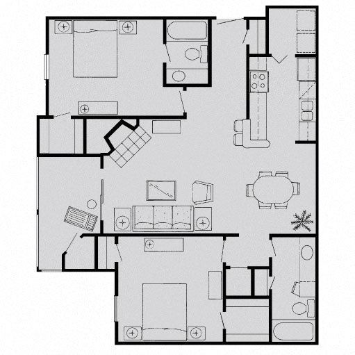 Floor plan for 2 beds, 2 baths, 1044 sqft