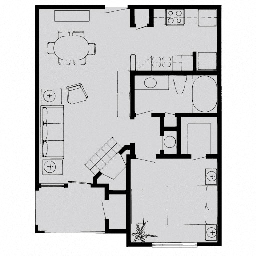Floor plan for 1 bed, 1 bath, 678 sqft
