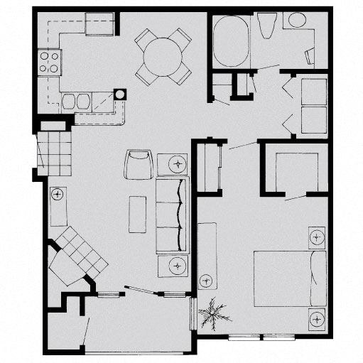 Floor plan for 1 bed, 1 bath, 765 sqft
