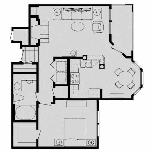 Floor plan for 1 bed, 1 bath, 768 sqft