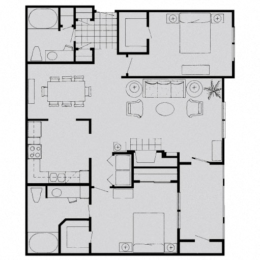 Floor plan for 2 beds, 2 baths, 1254 sqft