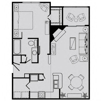 Floor plan for 1 bed, 1 bath, 795 sqft