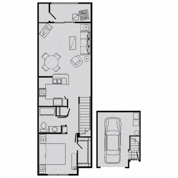 Floor plan for 1 bed, 1 bath, 739 sqft