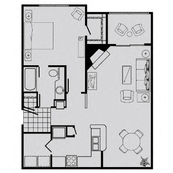 Floor plan for 1 bed, 1 bath, 861 sqft