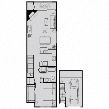Floor plan for 1 bed, 1 bath, 805 sqft