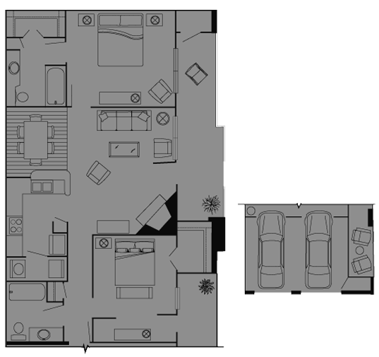 Floor plan for 2 beds, 2 baths, 1045 sqft