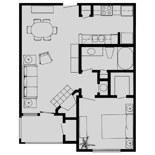 Floor plan for 1 bed, 1 bath, 678 sqft