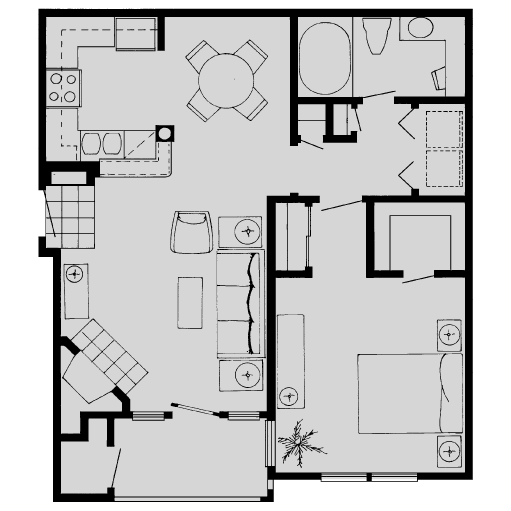 Floor plan for 1 bed, 1 bath, 765 sqft