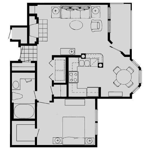 Floor plan for 1 bed, 1 bath, 768 sqft