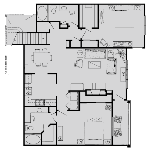 Floor plan for 2 beds, 2 baths, 1365 sqft