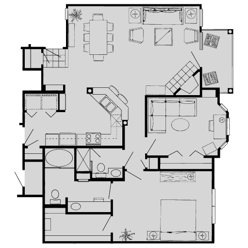 Floor plan for 1 bed, 2 baths, 1170 sqft