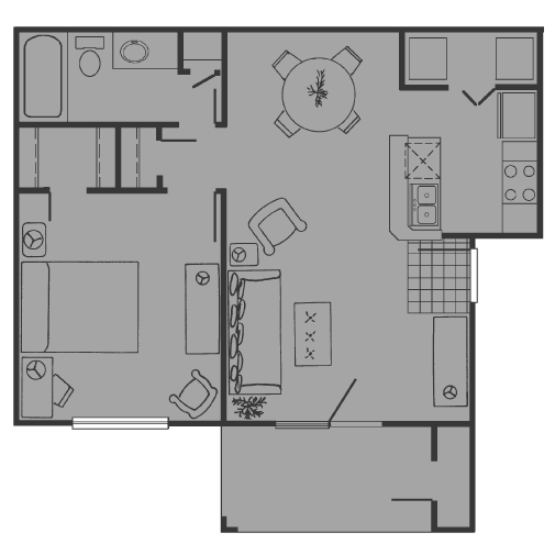 Floor plan for 1 bed, 1 bath, 630 sqft