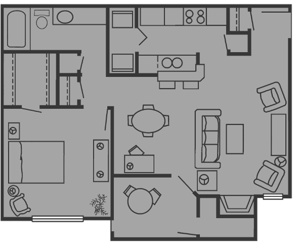 Floor plan for 1 bed, 1 bath, 722 sqft