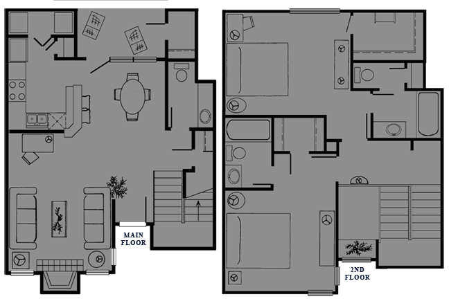 Floor plan for 2 beds, 3 baths, 1190 sqft