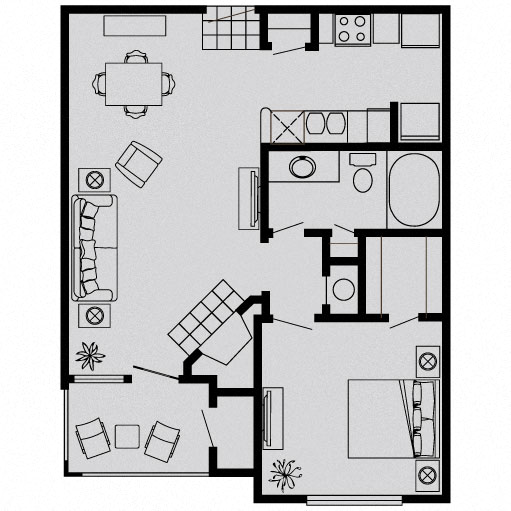 Floor plan for 1 bed, 1 bath, 678 sqft
