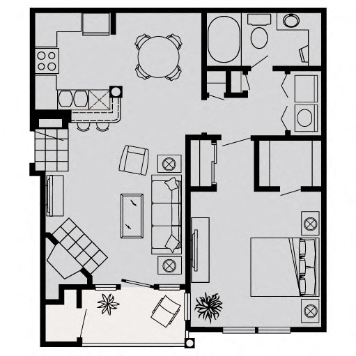 Floor plan for 1 bed, 1 bath, 765 sqft