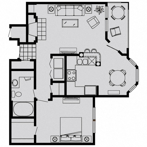 Floor plan for 1 bed, 1 bath, 768 sqft