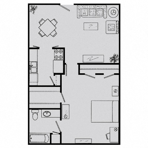 Floor plan for 1 bed, 1 bath, 752 sqft