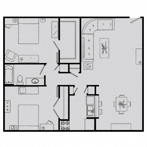Floor plan for 2 beds, 1 bath, 1040 sqft