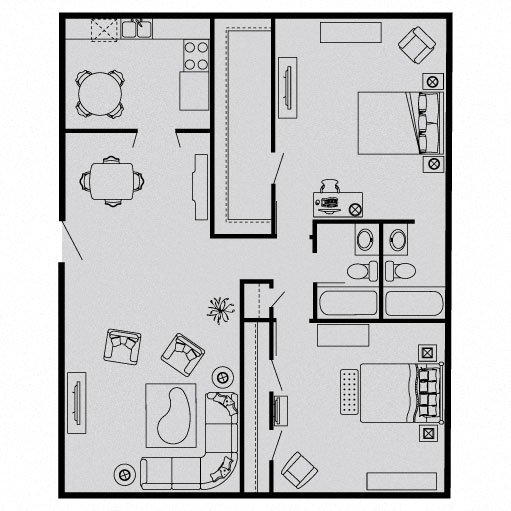 Floor plan for 2 beds, 2 baths, 1232 sqft