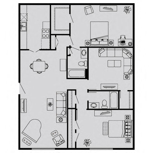 Floor plan for 3 beds, 2 baths, 1296 sqft