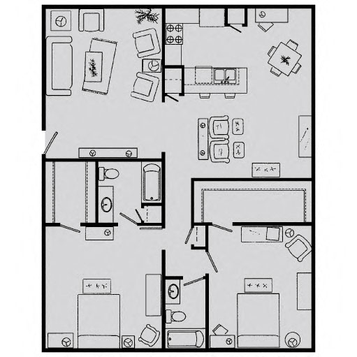 Floor plan for 2 beds, 2 baths, 1386 sqft