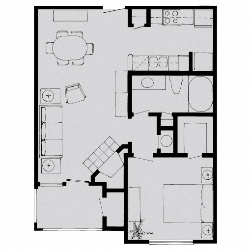 Floor plan for 1 bed, 1 bath, 617 sqft