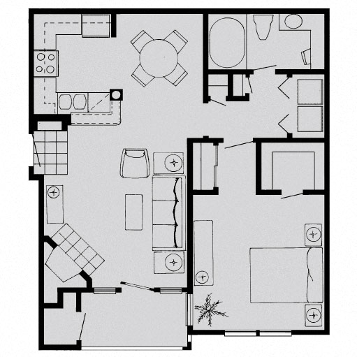 Floor plan for 1 bed, 1 bath, 709 sqft