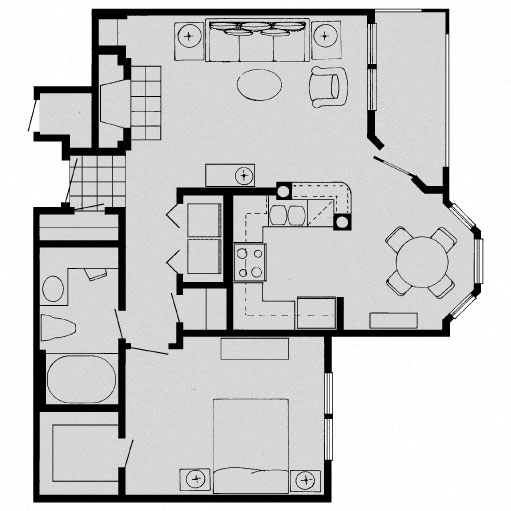 Floor plan for 1 bed, 1 bath, 725 sqft