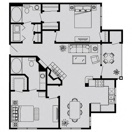 Floor plan for 2 beds, 2 baths, 1040 sqft