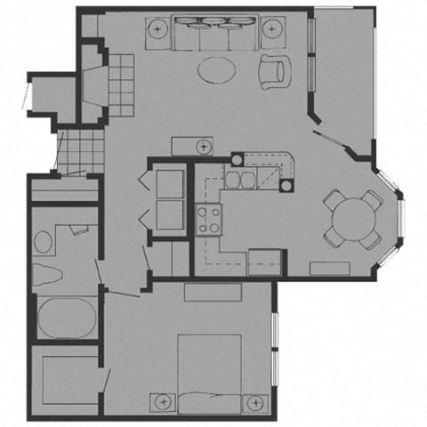Floor plan for 1 bed, 1 bath, 696 sqft