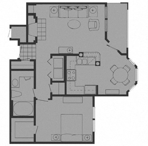 Floor plan for 1 bed, 1 bath, 696 sqft