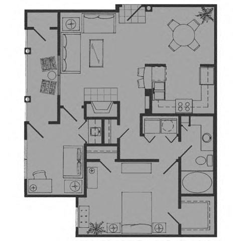 Floor plan for 1 bed, 1 bath, 816 sqft