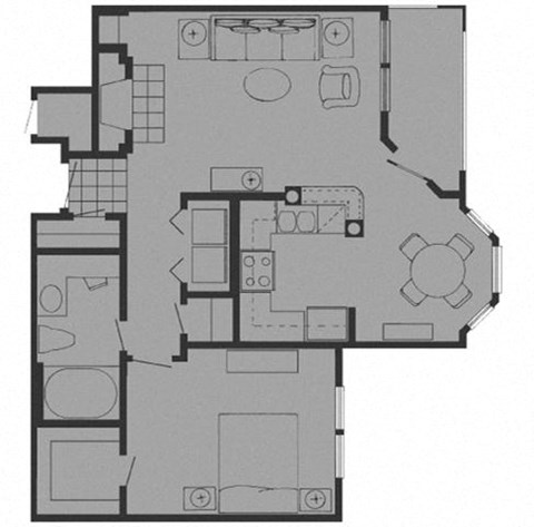 Floor plan for 1 bed, 1 bath, 725 sqft