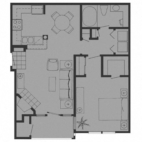 Floor plan for 1 bed, 1 bath, 709 sqft