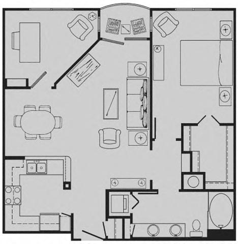 Floor plan for 1 bed, 1 bath, 899 sqft