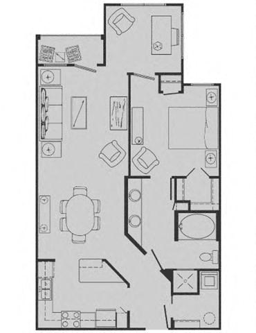 Floor plan for 1 bed, 1 bath, 877 sqft