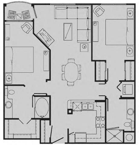 Floor plan for 2 beds, 2 baths, 969 sqft