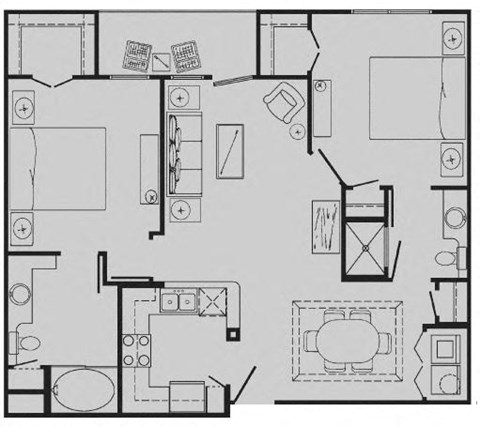 Floor plan for 2 beds, 2 baths, 963 sqft