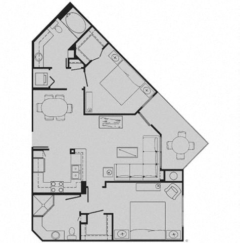 Floor plan for 2 beds, 2 baths, 985 sqft