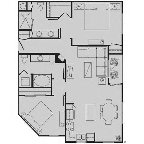 Floor plan for 2 beds, 2 baths, 1076 sqft
