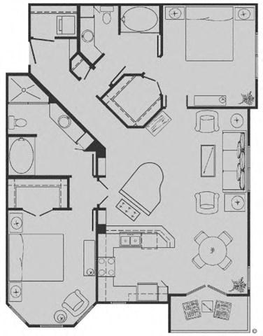 Floor plan for 2 beds, 2 baths, 1207 sqft