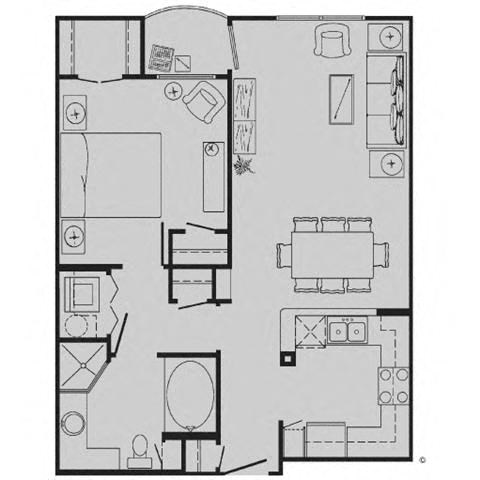 Floor plan for 1 bed, 1 bath, 742 sqft